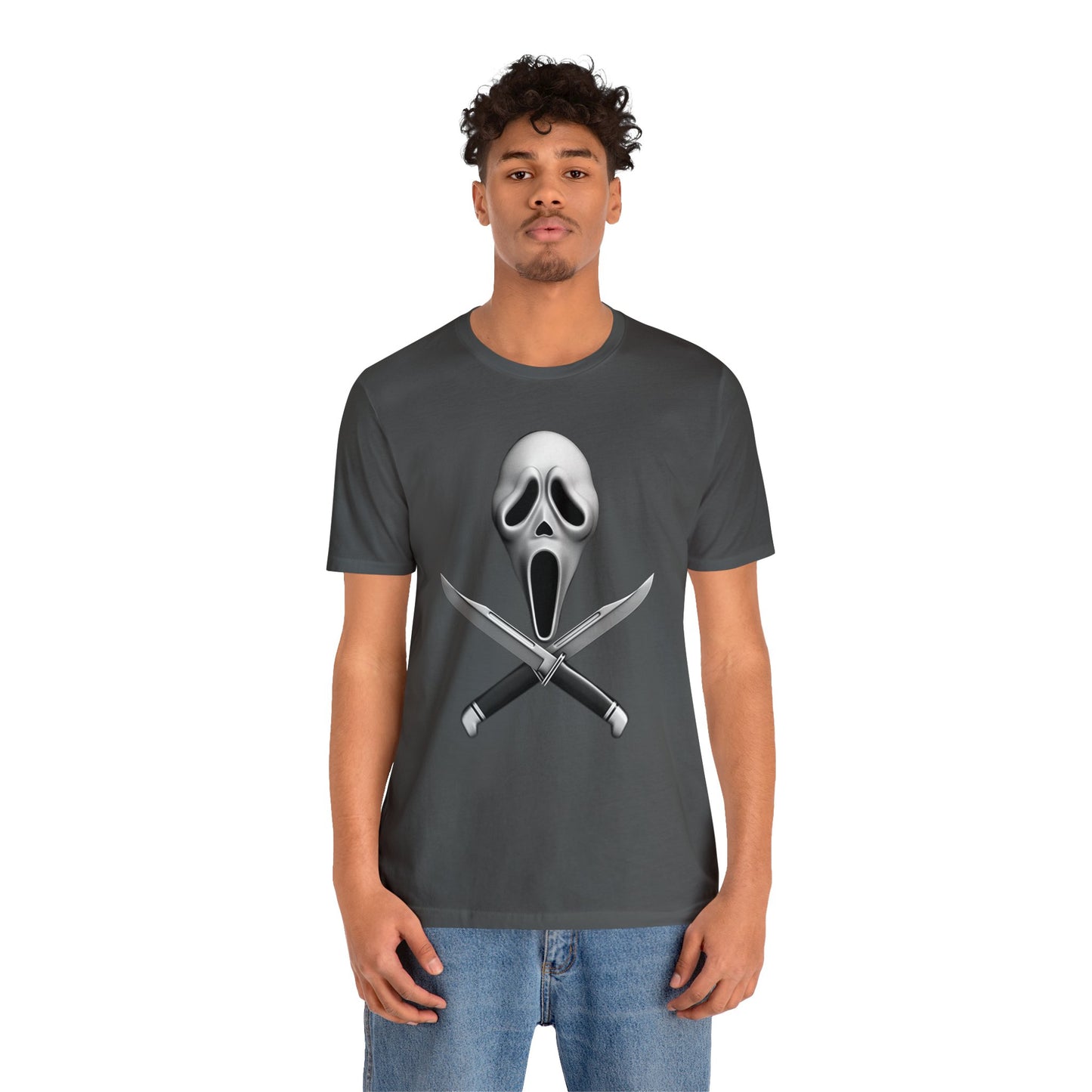 Halloween Ghostface Mask and Twin Knives Short Sleeve T-Shirt - Iconic Horror Movie Tee, Retro Scream Killer Illustration Shirt