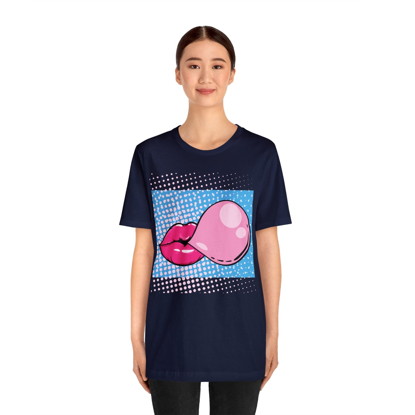 Pop Art Lips Blowing Bubble Short Sleeve T-Shirt - Colorful Graphic Tee, Retro Style Fashion Shirt