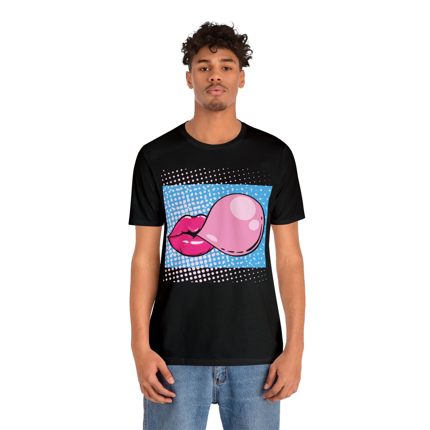 Pop Art Lips Blowing Bubble Short Sleeve T-Shirt - Colorful Graphic Tee, Retro Style Fashion Shirt