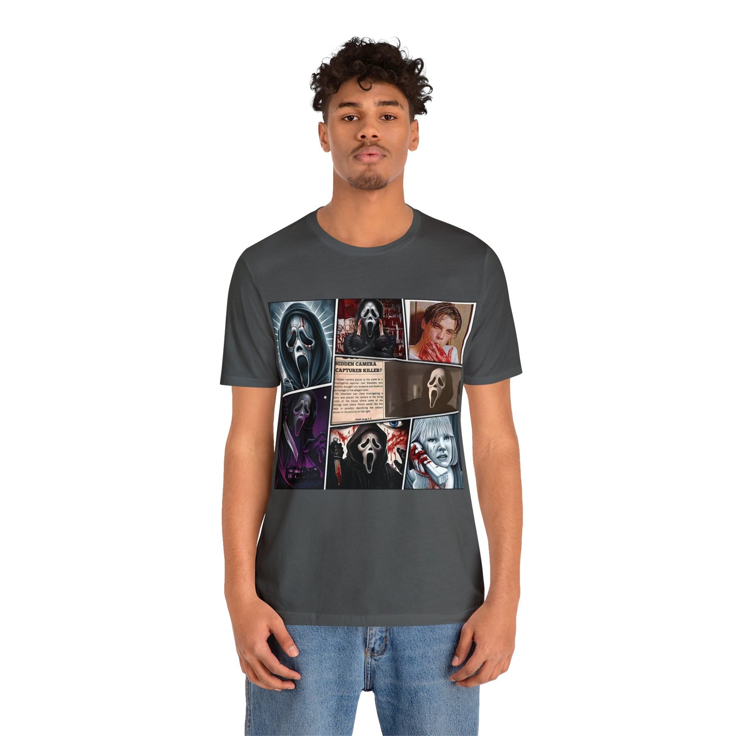 Halloween Graphic Novel Style Scream Movie Collage Short Sleeve T-Shirt - Vintage Horror Film Graphic Tee, Retro Cinematic Shirt