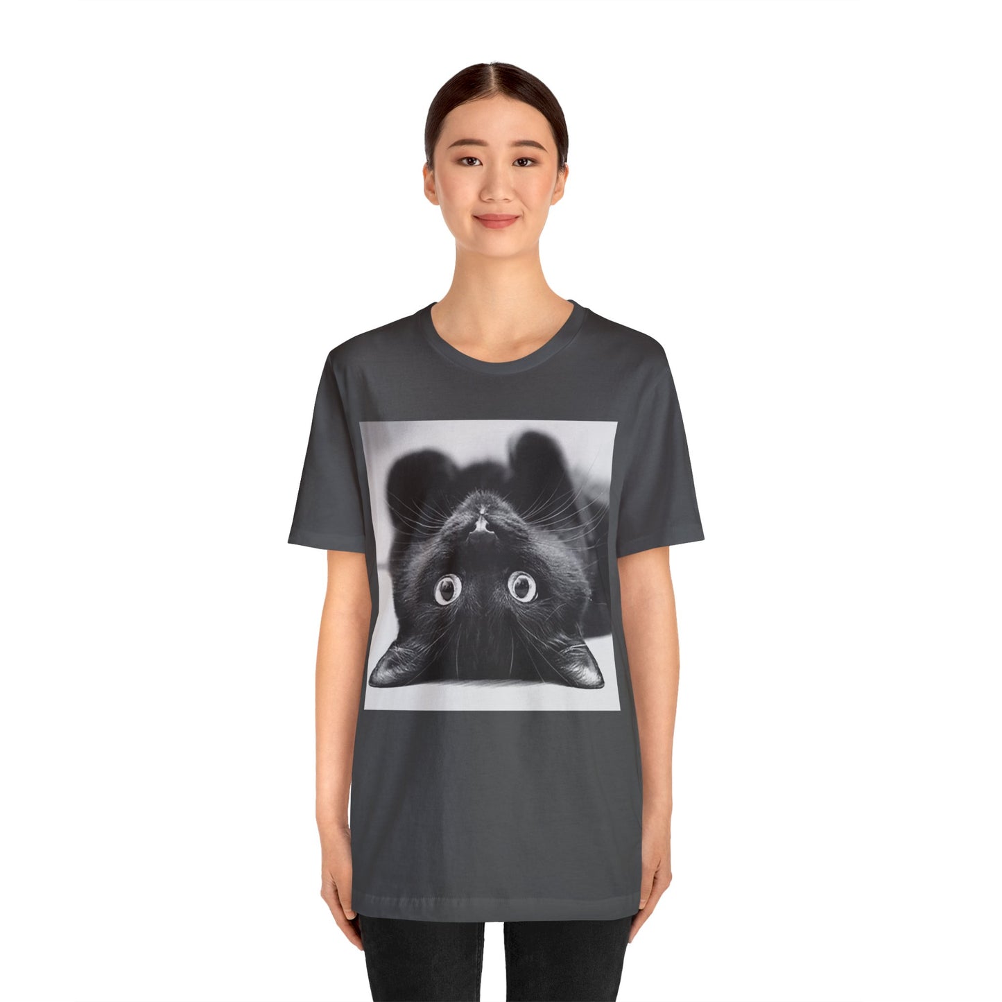 Playful Upside Down Black Cat Short Sleeve T-Shirt - Adorable Kitty Graphic Tee, Whimsical Animal Lover Shirt