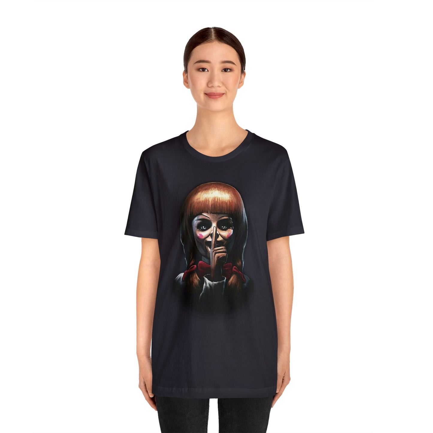 Halloween Annabelle Short Sleeve T-Shirt - Creepy Doll Horror Movie Tee, Haunting Graphic Shirt