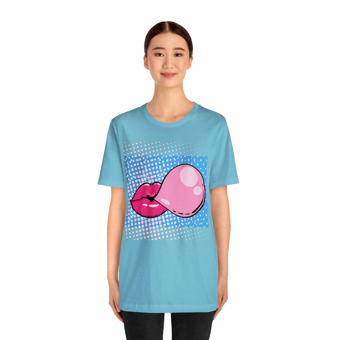 Pop Art Lips Blowing Bubble Short Sleeve T-Shirt - Colorful Graphic Tee, Retro Style Fashion Shirt