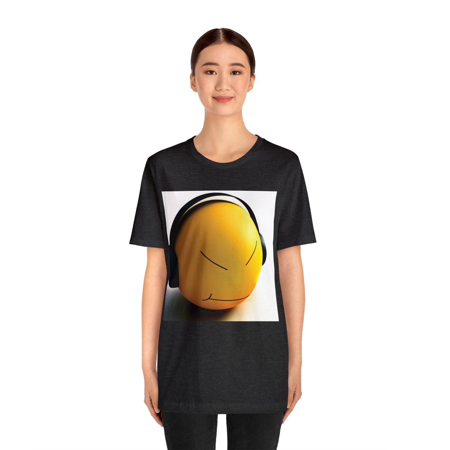 Yellow Smiley Stress Ball with Headphones Short Sleeve T-Shirt - Fun Graphic Tee, Playful Stress Reliever Shirt