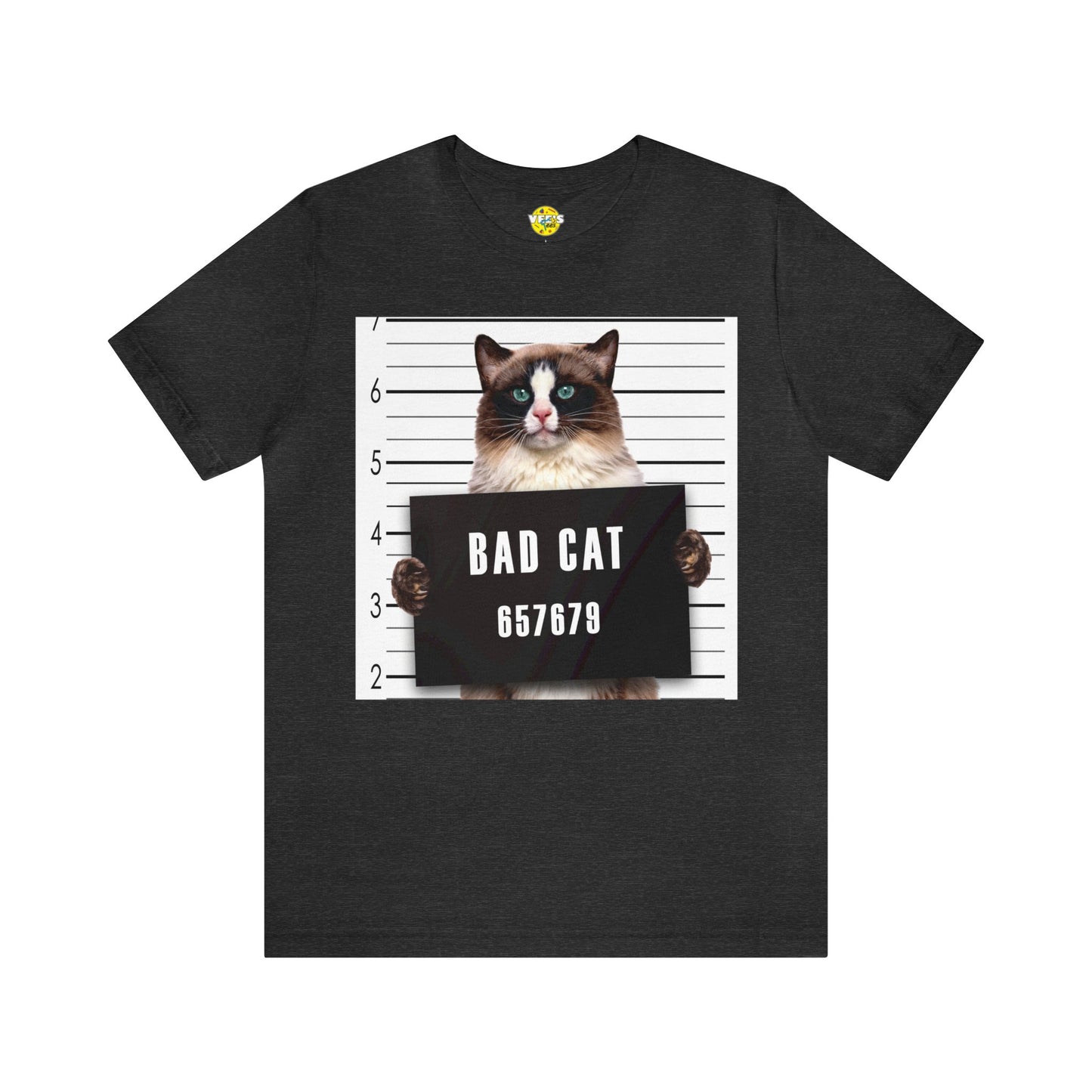 Bad Cat Mugshot Short Sleeve T-Shirt - Funny Cat Lover Tee, Playful Feline Graphic Shirt