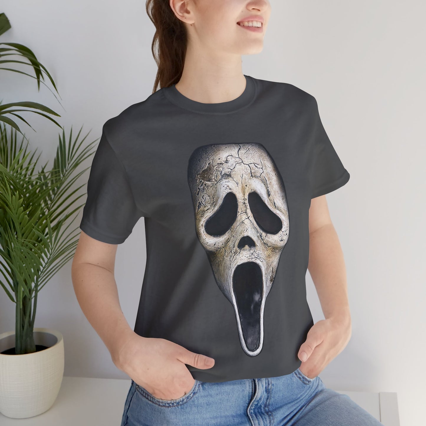 Halloween Aged Ghostface Mask Short Sleeve T-Shirt - Vintage Horror Icon Tee, Distressed Scream Movie Character Graphic Shirt