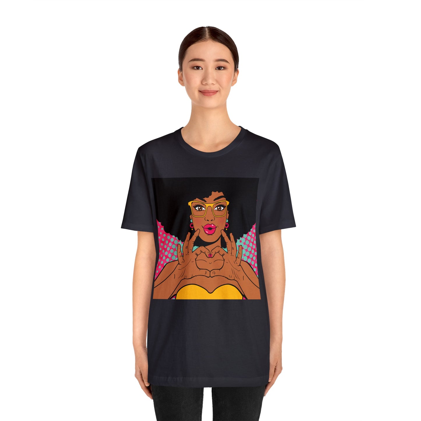 Pop Art Melanated Queen Finger Hearts Short Sleeve T-Shirt - Empowering Graphic Tee, Diverse Art Fashion