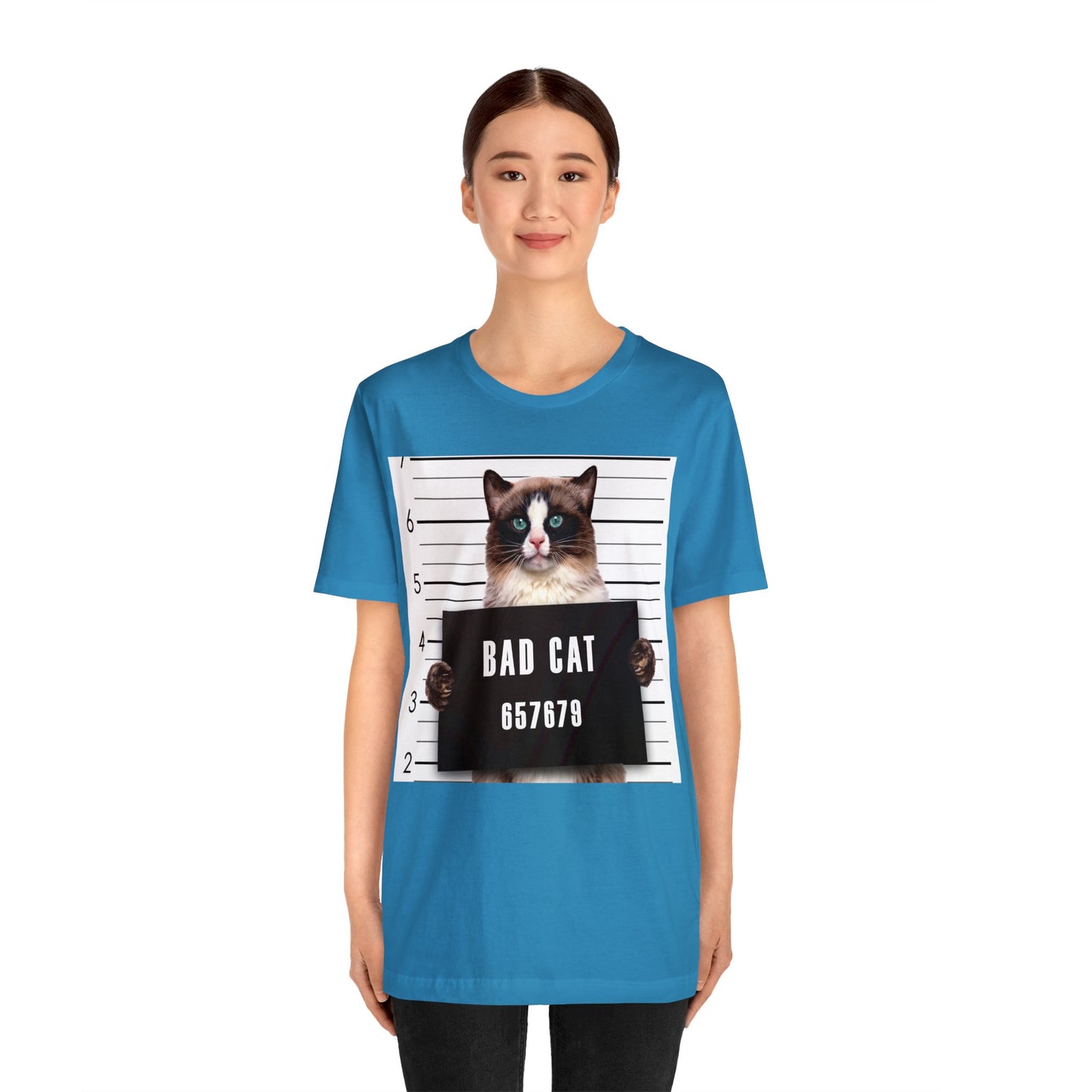 Bad Cat Mugshot Short Sleeve T-Shirt - Funny Cat Lover Tee, Playful Feline Graphic Shirt