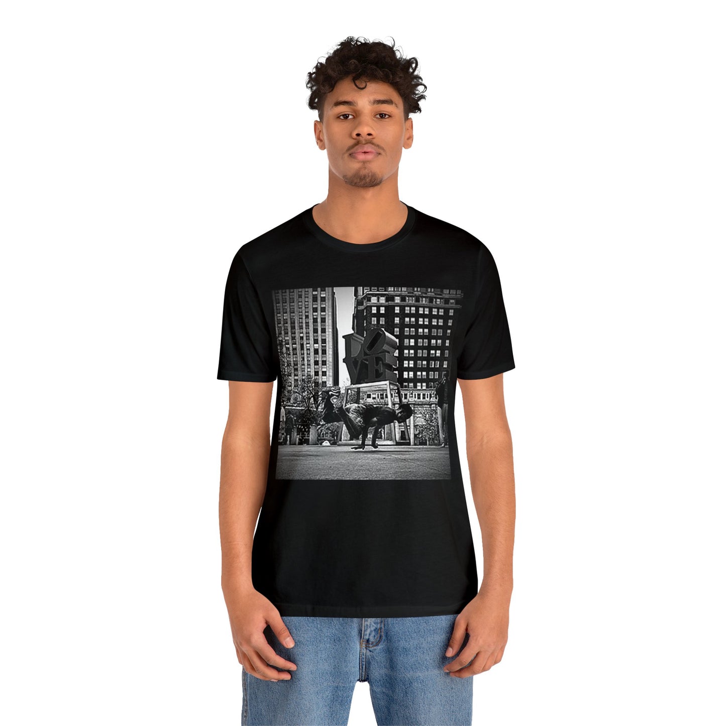 Retro Breakdancer at Love Park Statue 2000s Short Sleeve T-Shirt - Vintage Urban Dance Tee, Street Style Graphic Shirt