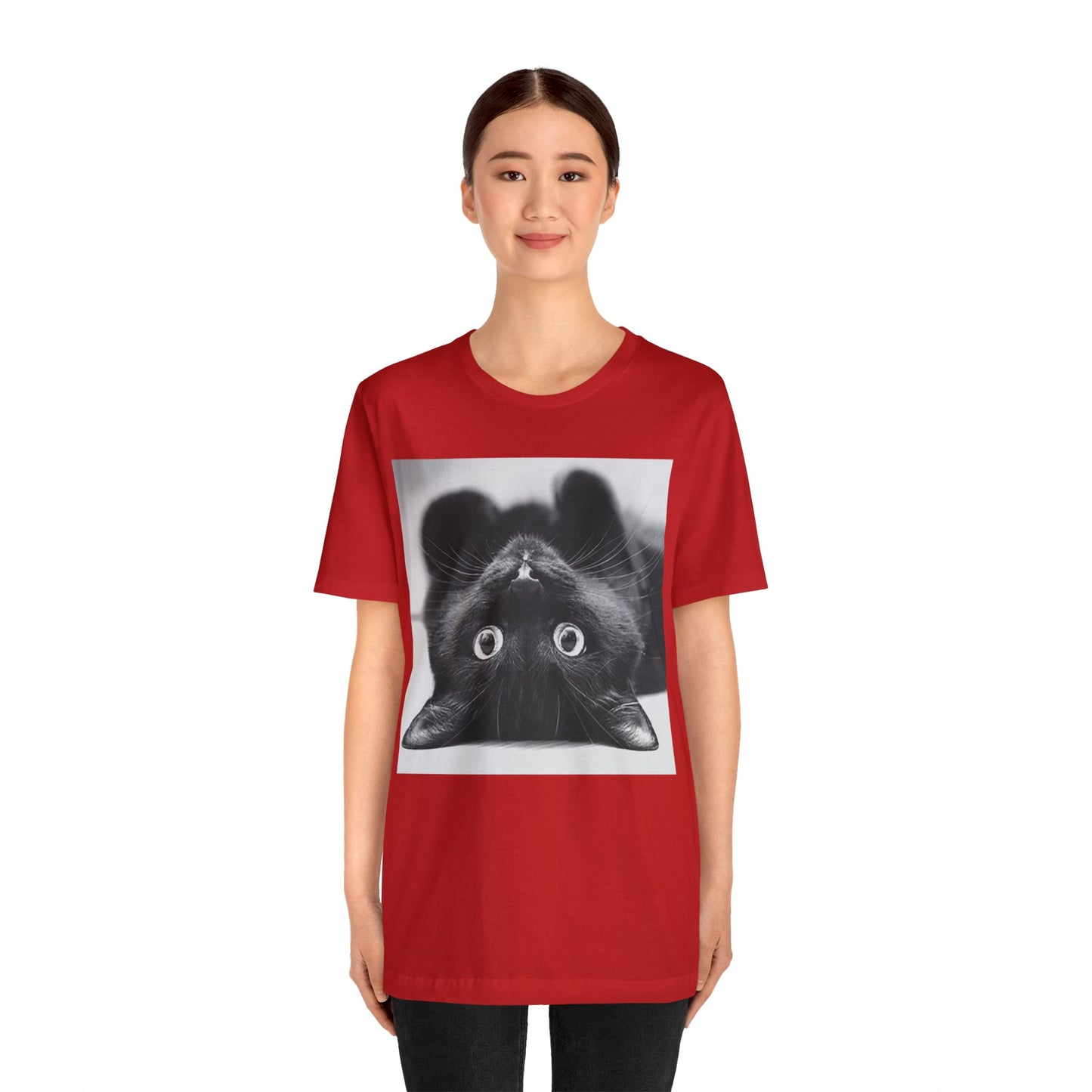 Playful Upside Down Black Cat Short Sleeve T-Shirt - Adorable Kitty Graphic Tee, Whimsical Animal Lover Shirt