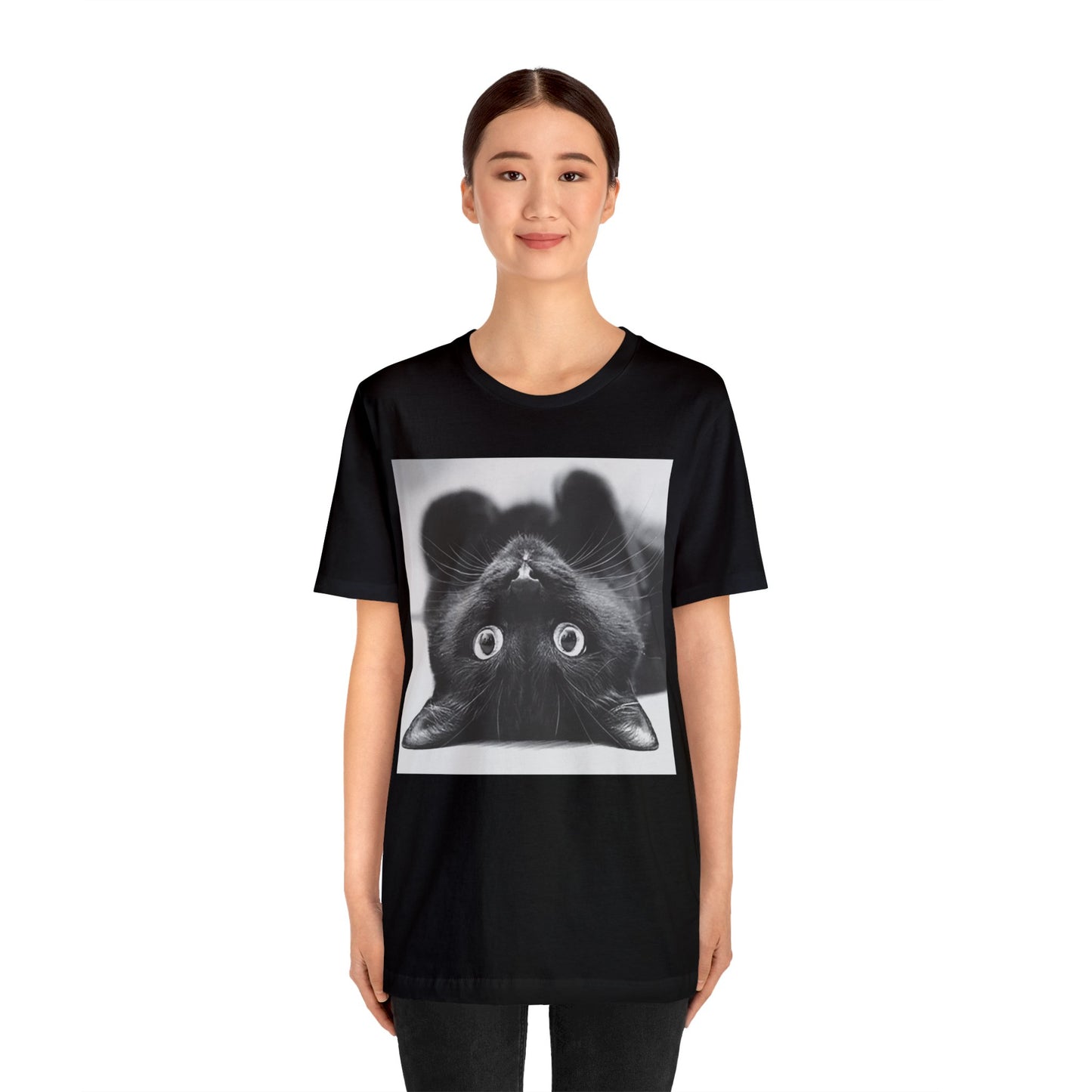 Playful Upside Down Black Cat Short Sleeve T-Shirt - Adorable Kitty Graphic Tee, Whimsical Animal Lover Shirt