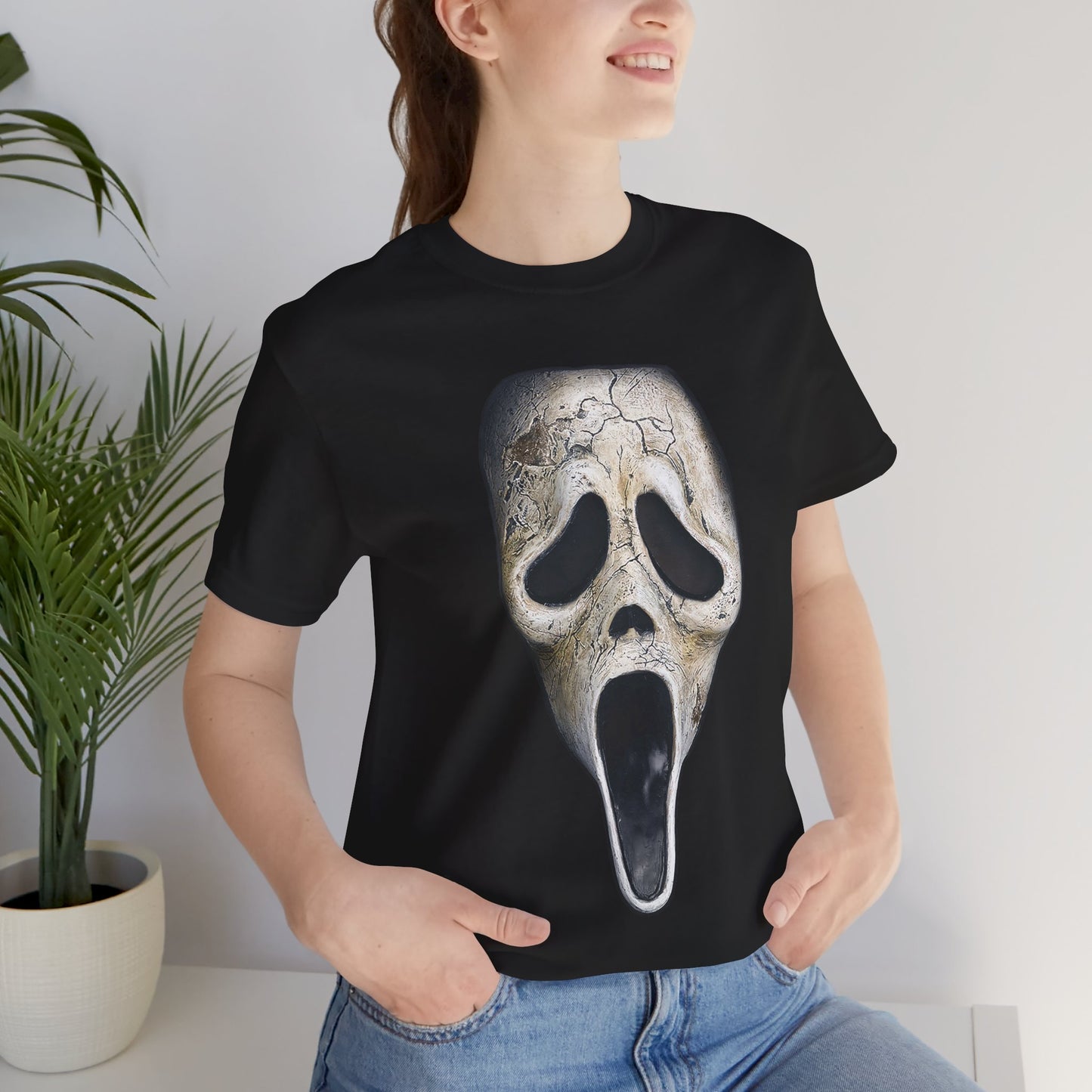 Halloween Aged Ghostface Mask Short Sleeve T-Shirt - Vintage Horror Icon Tee, Distressed Scream Movie Character Graphic Shirt