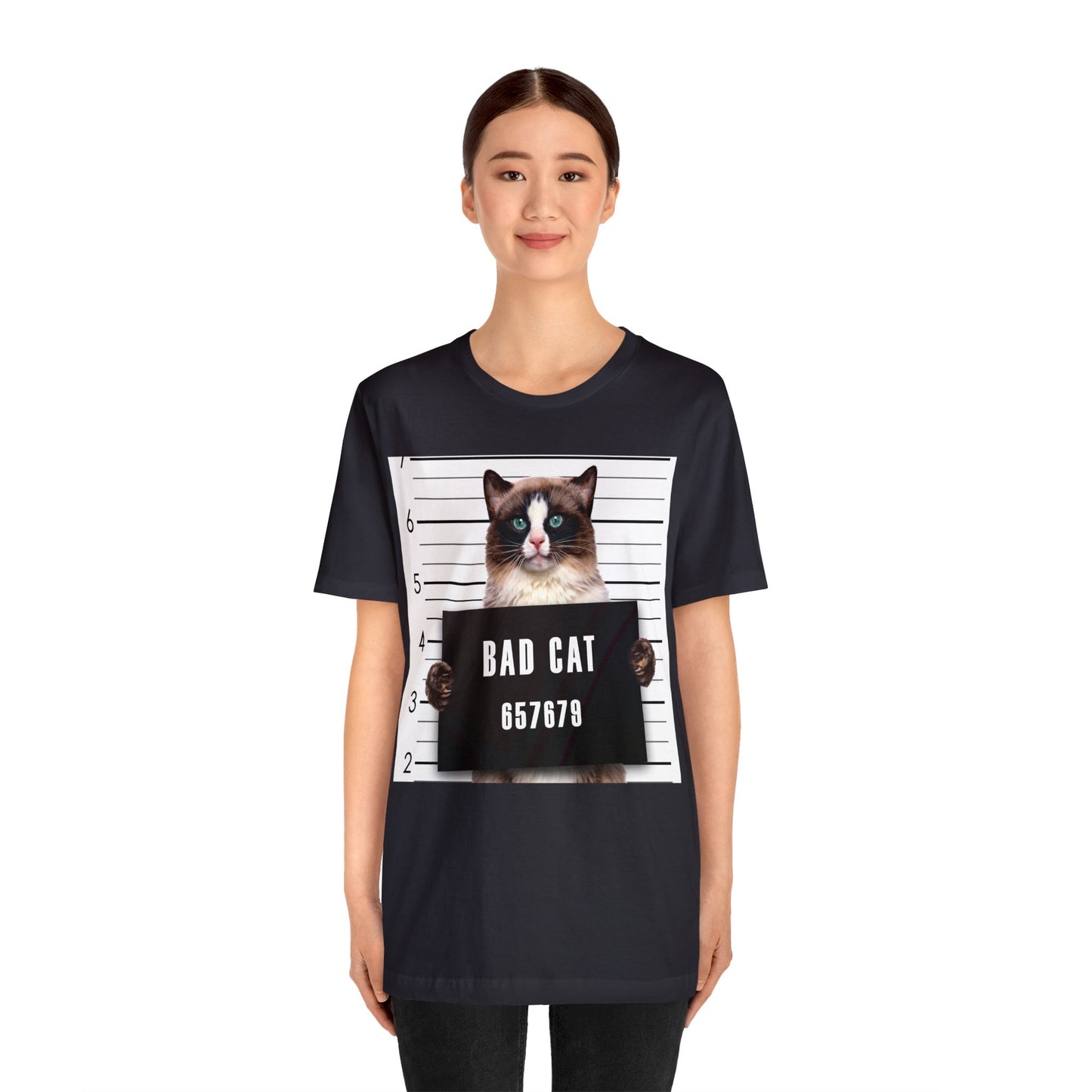 Bad Cat Mugshot Short Sleeve T-Shirt - Funny Cat Lover Tee, Playful Feline Graphic Shirt