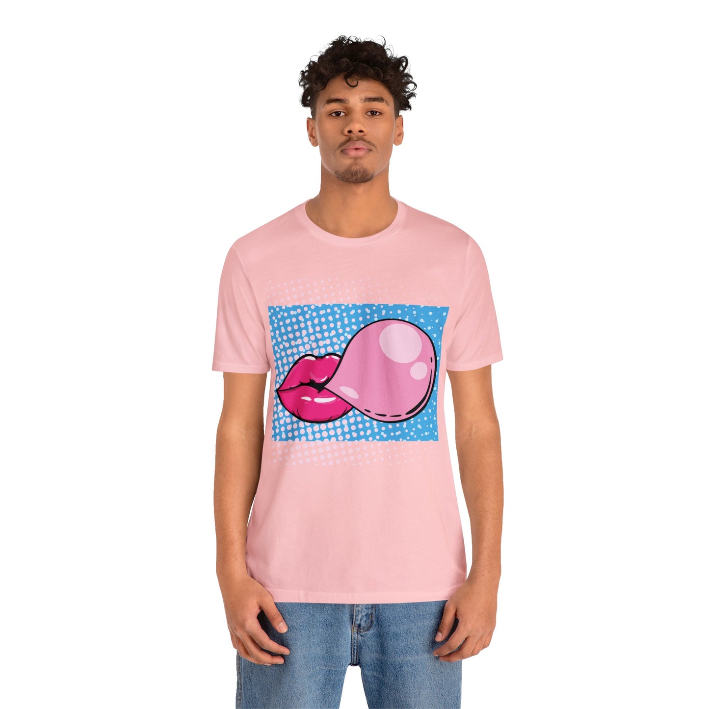 Pop Art Lips Blowing Bubble Short Sleeve T-Shirt - Colorful Graphic Tee, Retro Style Fashion Shirt