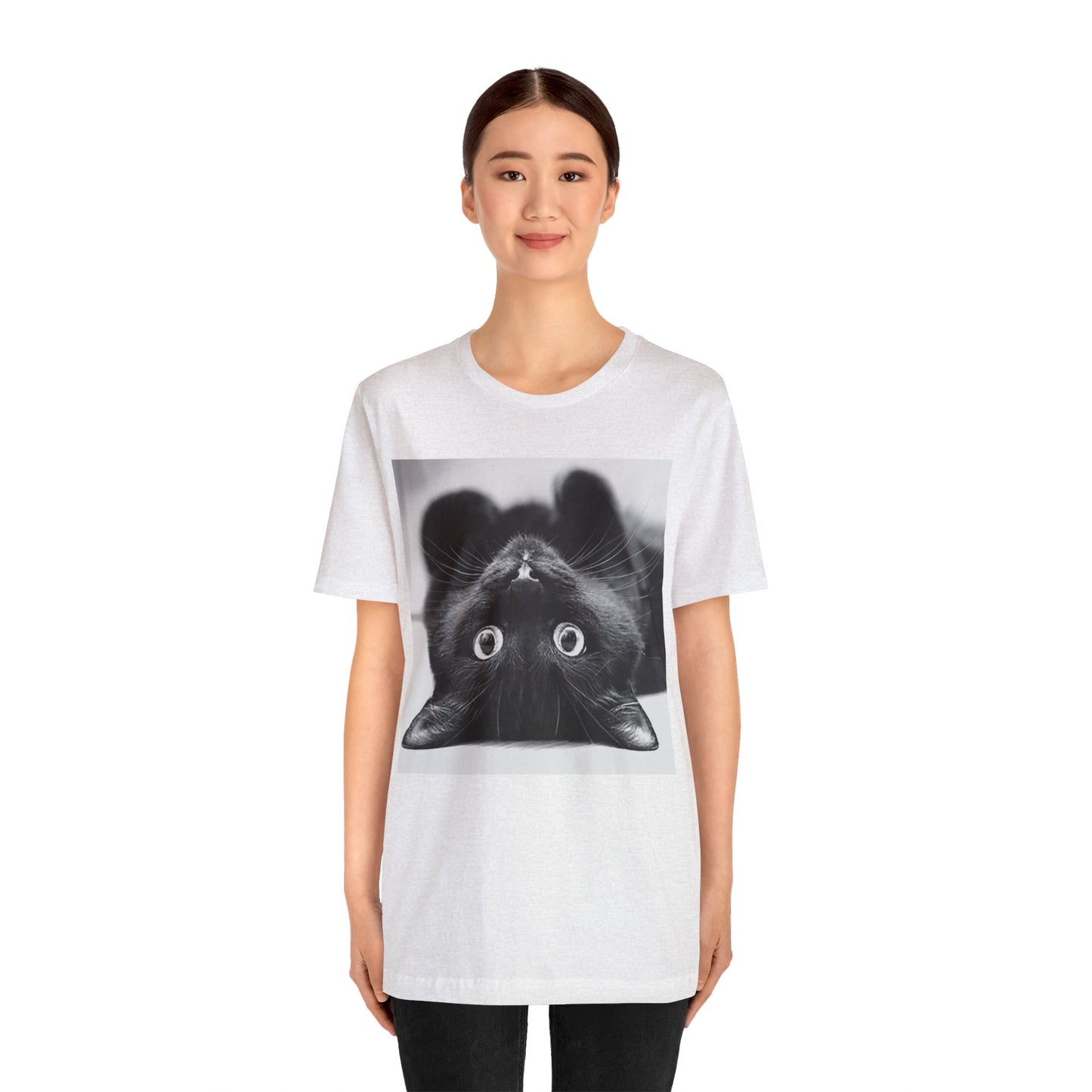 Playful Upside Down Black Cat Short Sleeve T-Shirt - Adorable Kitty Graphic Tee, Whimsical Animal Lover Shirt