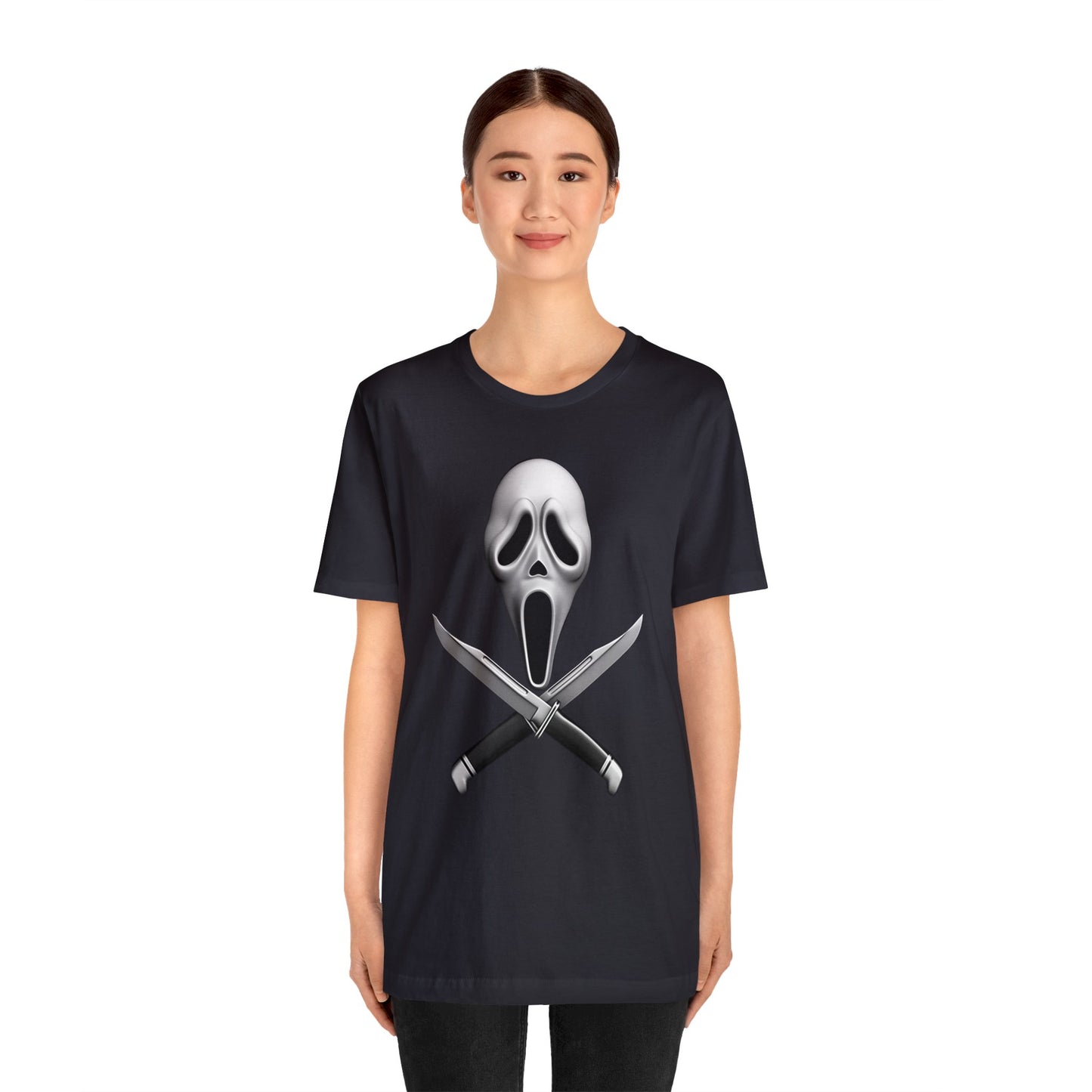 Halloween Ghostface Mask and Twin Knives Short Sleeve T-Shirt - Iconic Horror Movie Tee, Retro Scream Killer Illustration Shirt