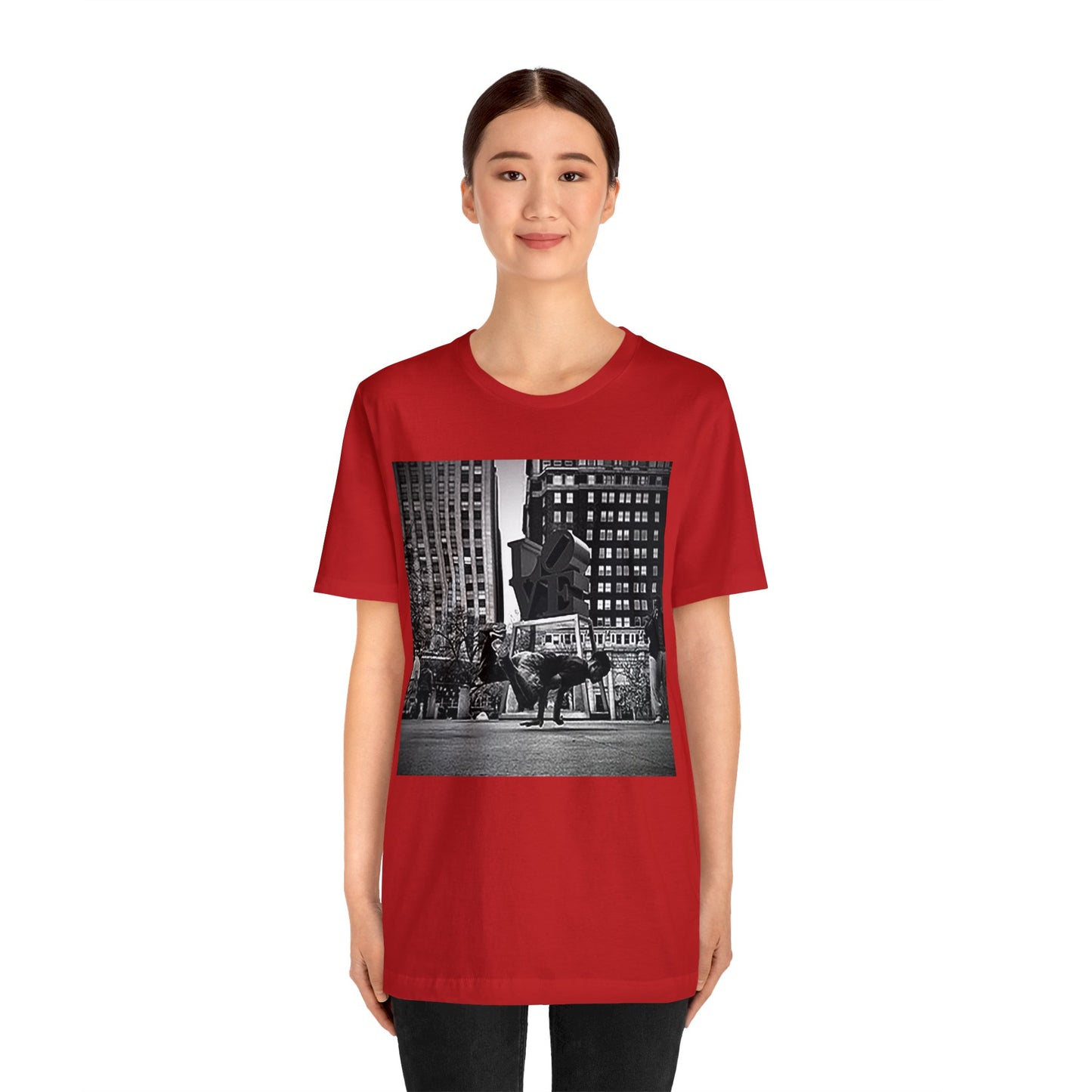 Retro Breakdancer at Love Park Statue 2000s Short Sleeve T-Shirt - Vintage Urban Dance Tee, Street Style Graphic Shirt