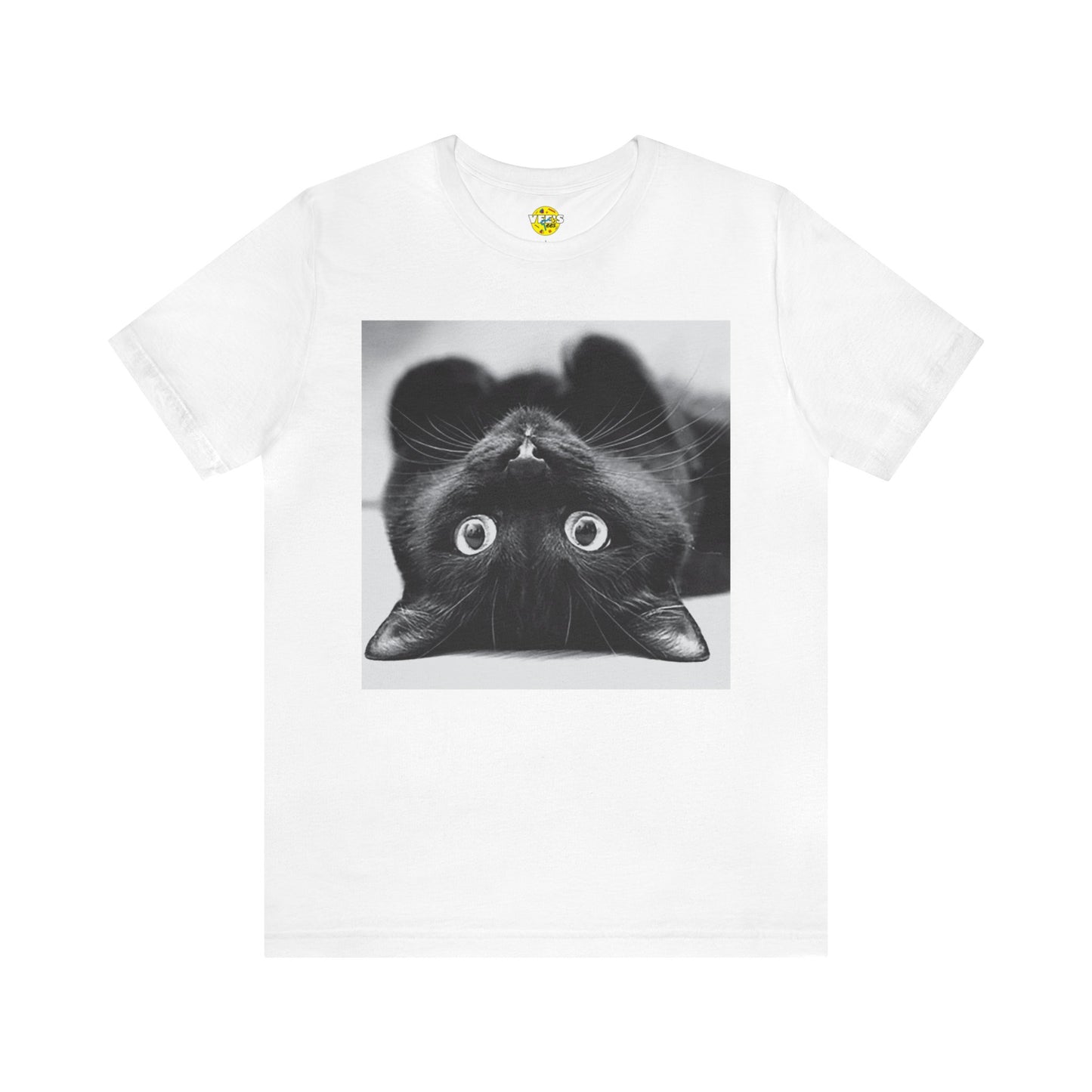 Playful Upside Down Black Cat Short Sleeve T-Shirt - Adorable Kitty Graphic Tee, Whimsical Animal Lover Shirt