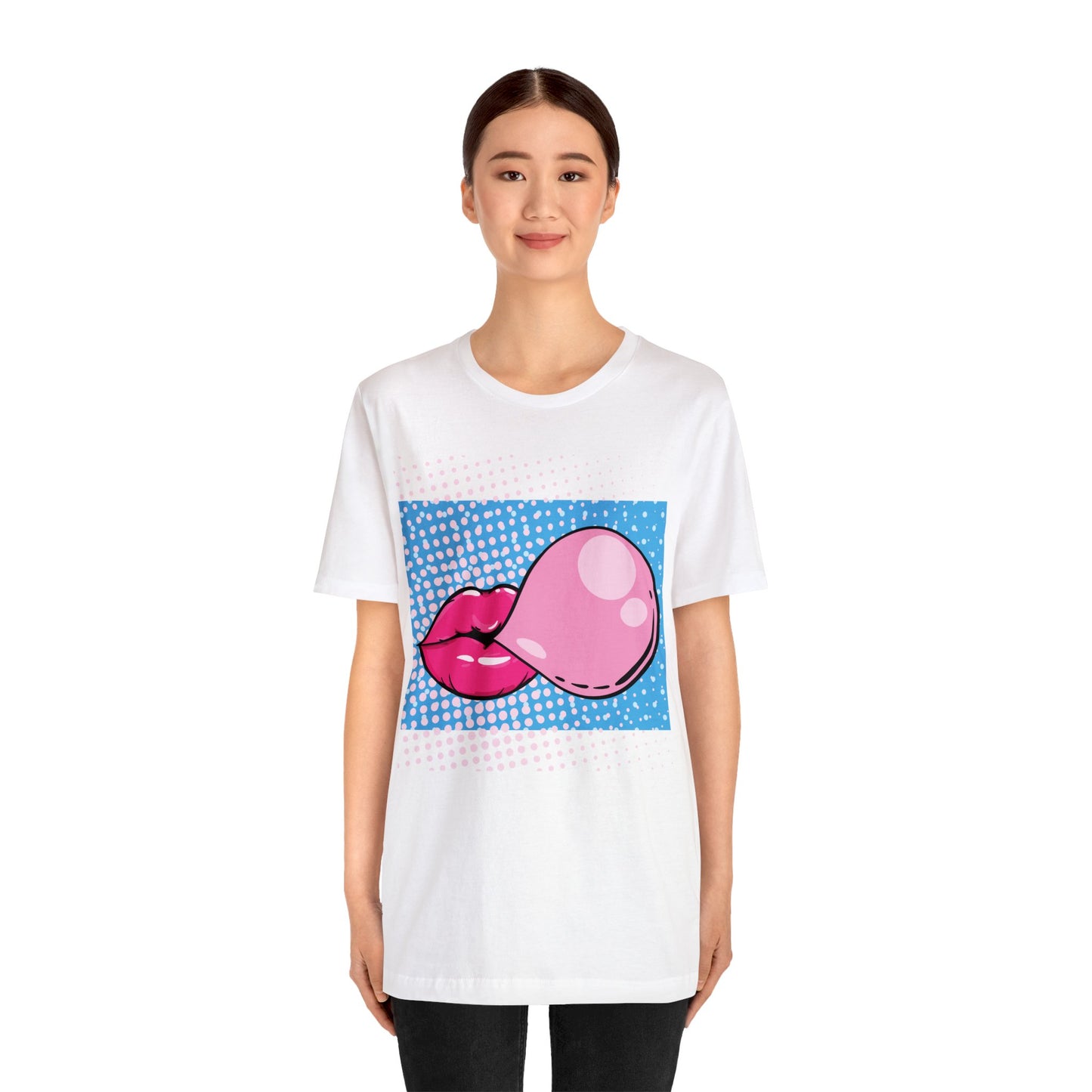 Pop Art Lips Blowing Bubble Short Sleeve T-Shirt - Colorful Graphic Tee, Retro Style Fashion Shirt