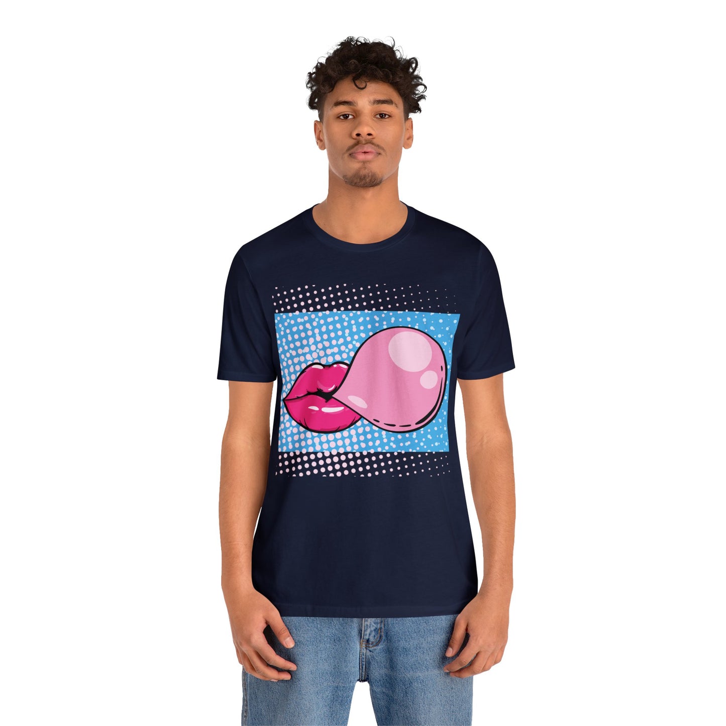 Pop Art Lips Blowing Bubble Short Sleeve T-Shirt - Colorful Graphic Tee, Retro Style Fashion Shirt