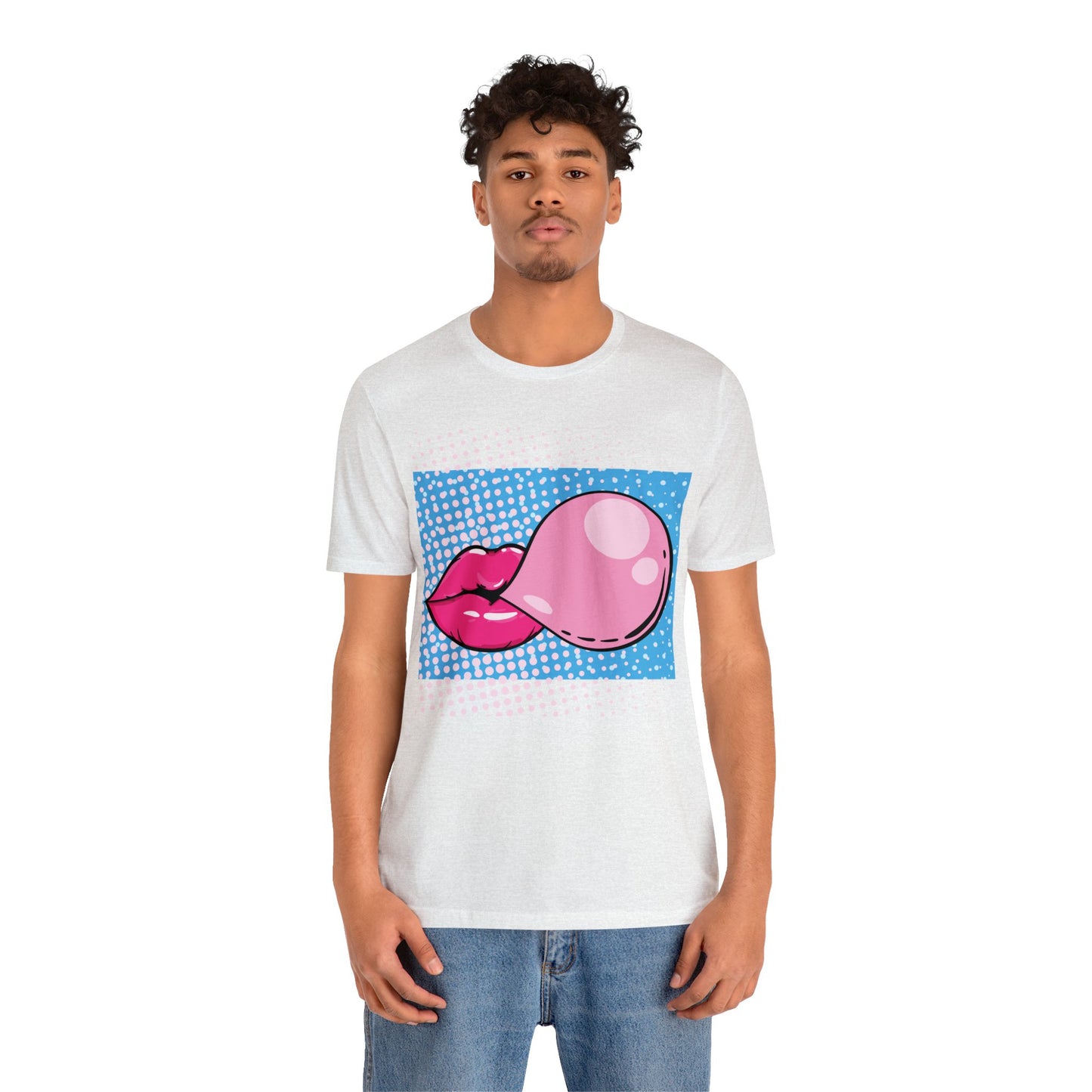 Pop Art Lips Blowing Bubble Short Sleeve T-Shirt - Colorful Graphic Tee, Retro Style Fashion Shirt