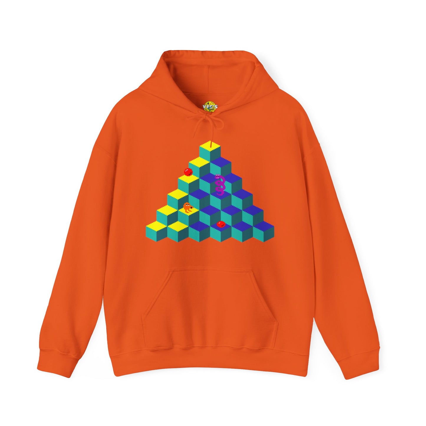 Retro 80s Video Game Sweatshirt, QBert Game, Retro Gaming Console Hoodie, QBert game screen Hooded Sweatshirt, Pixelated QBert Adventure