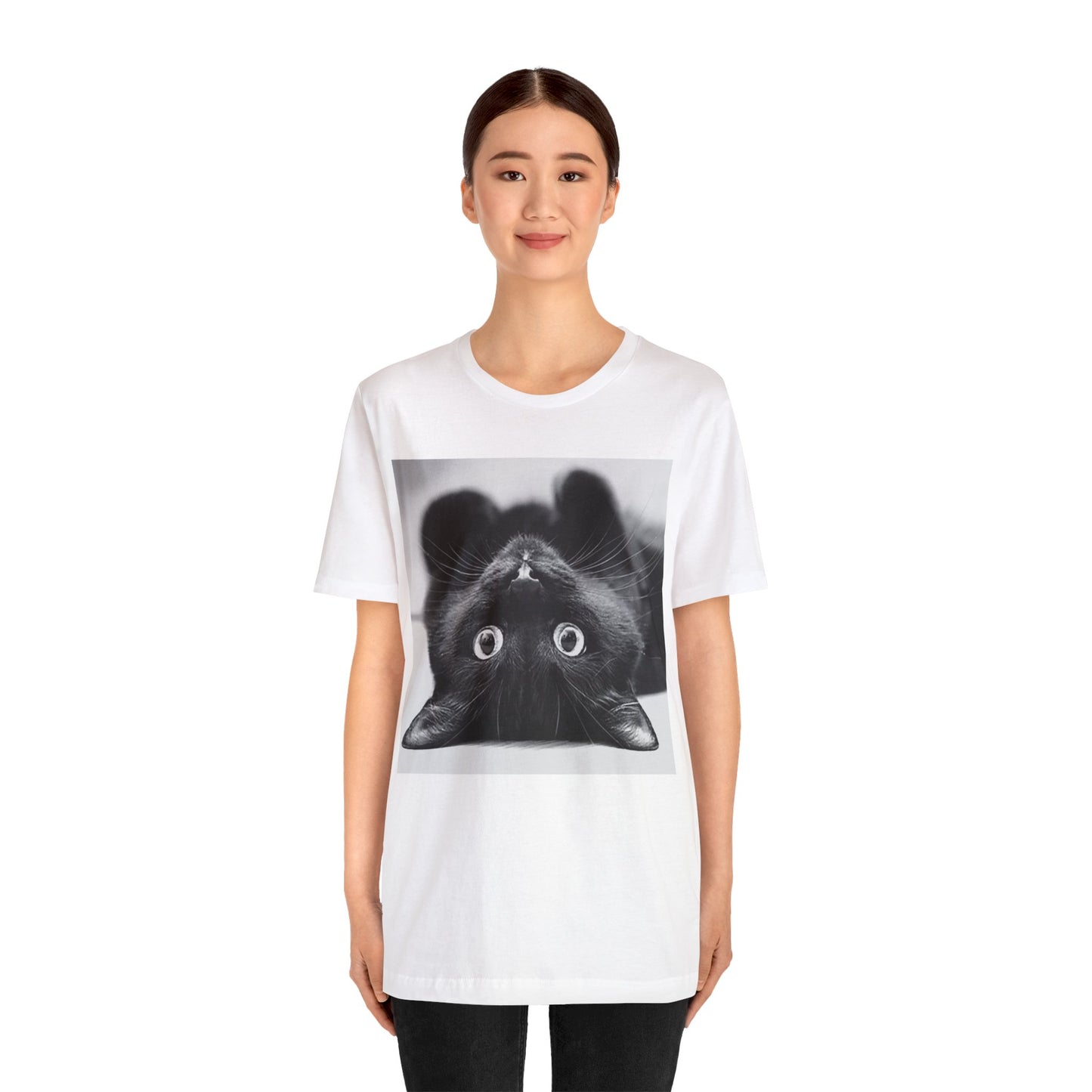 Playful Upside Down Black Cat Short Sleeve T-Shirt - Adorable Kitty Graphic Tee, Whimsical Animal Lover Shirt