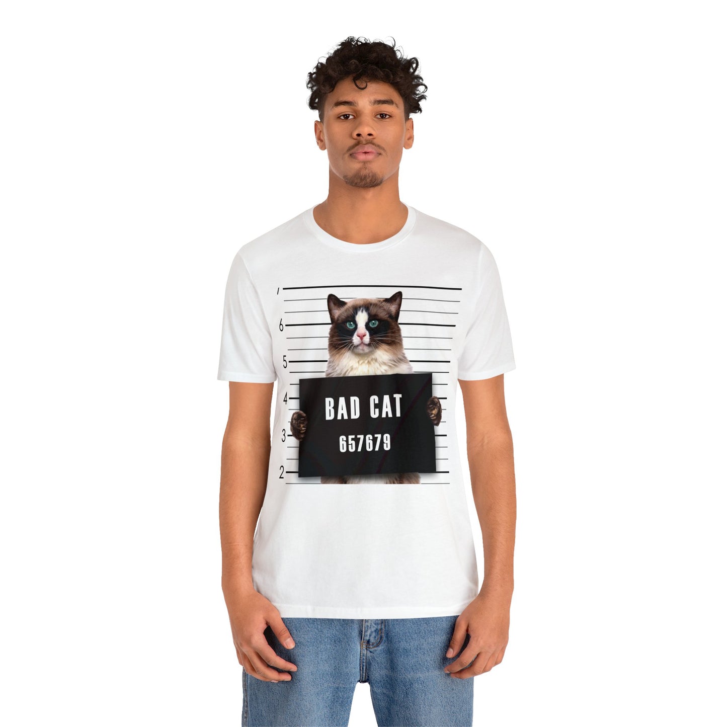 Bad Cat Mugshot Short Sleeve T-Shirt - Funny Cat Lover Tee, Playful Feline Graphic Shirt