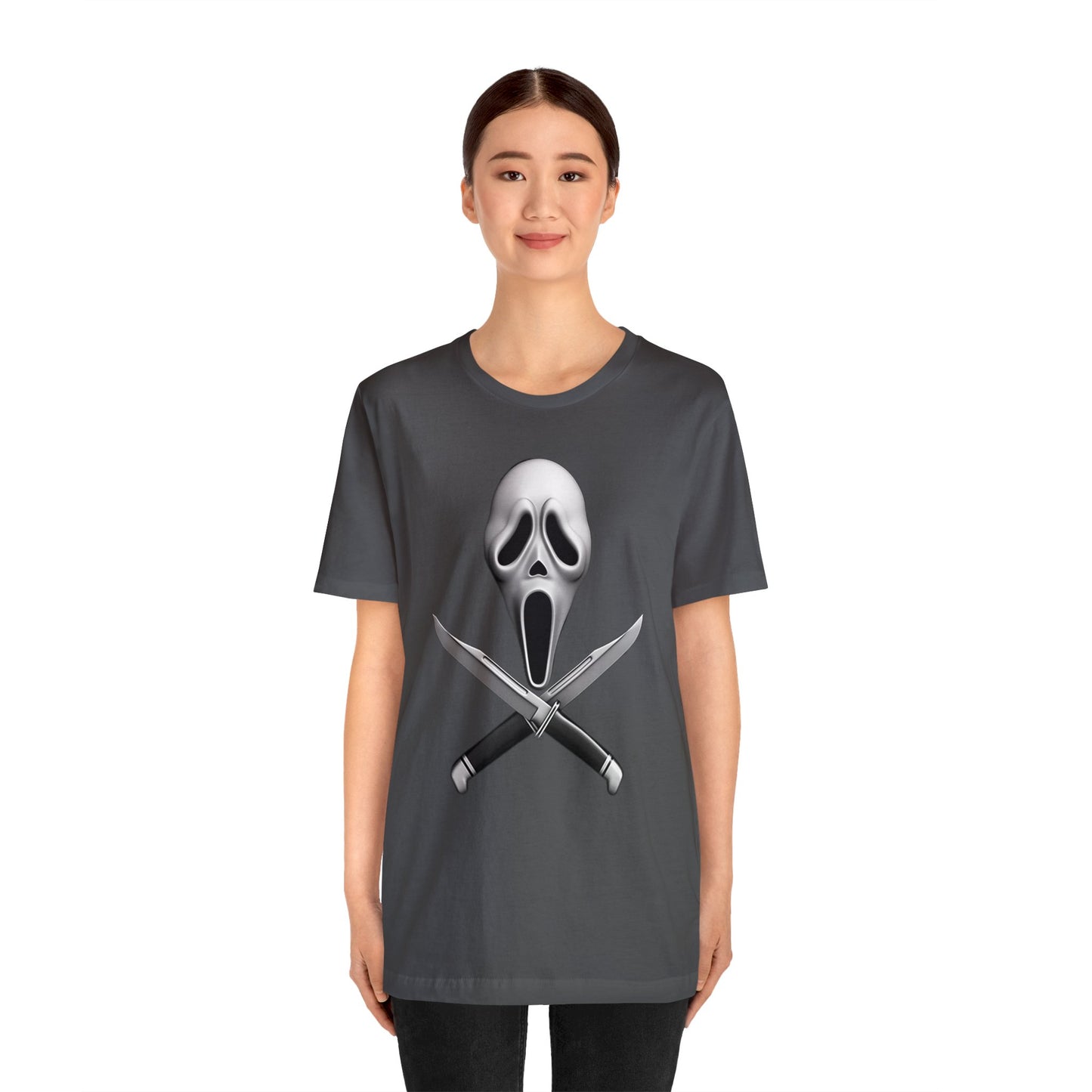 Halloween Ghostface Mask and Twin Knives Short Sleeve T-Shirt - Iconic Horror Movie Tee, Retro Scream Killer Illustration Shirt