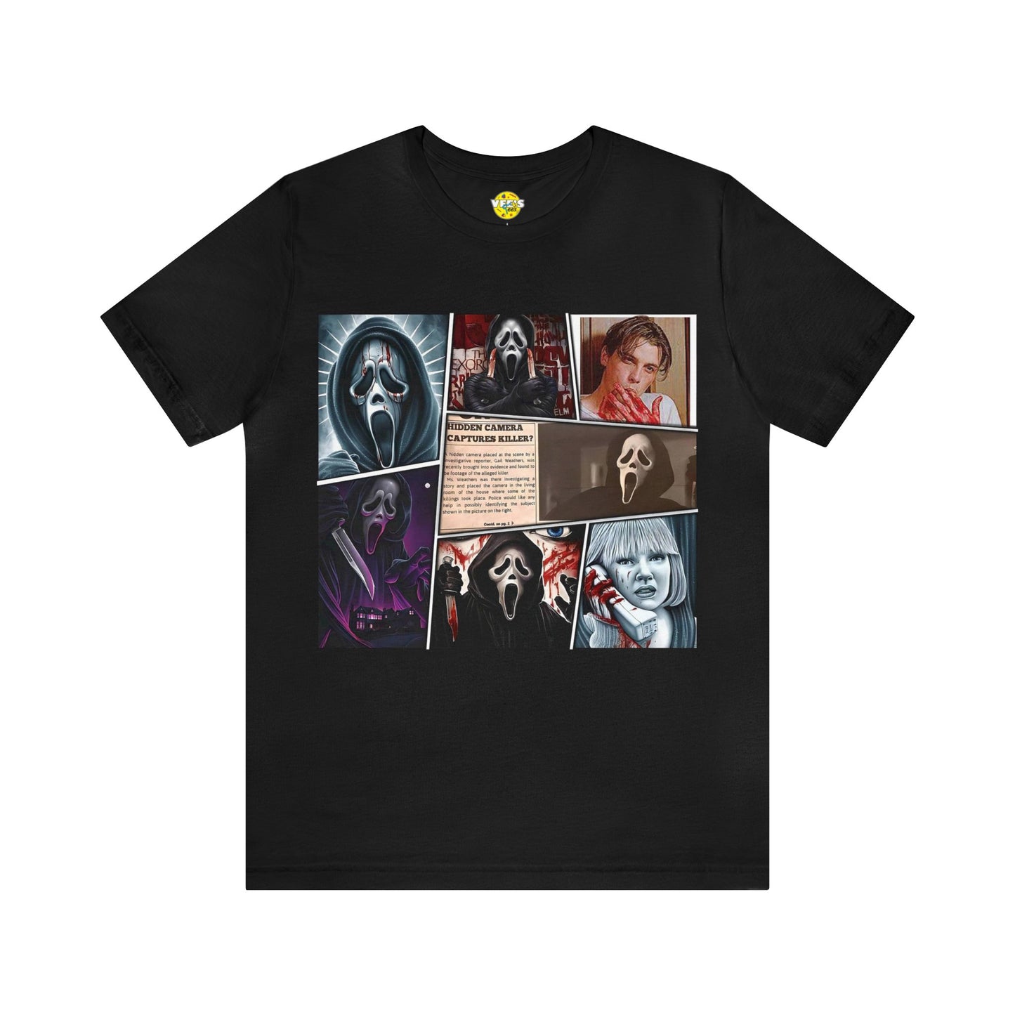 Halloween Graphic Novel Style Scream Movie Collage Short Sleeve T-Shirt - Vintage Horror Film Graphic Tee, Retro Cinematic Shirt