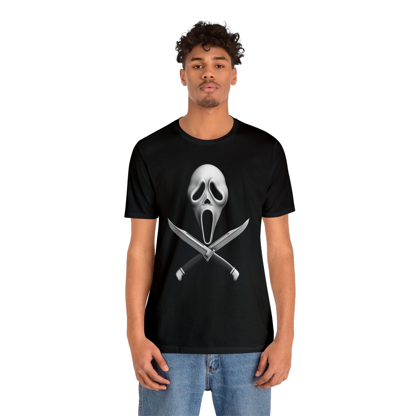 Halloween Ghostface Mask and Twin Knives Short Sleeve T-Shirt - Iconic Horror Movie Tee, Retro Scream Killer Illustration Shirt