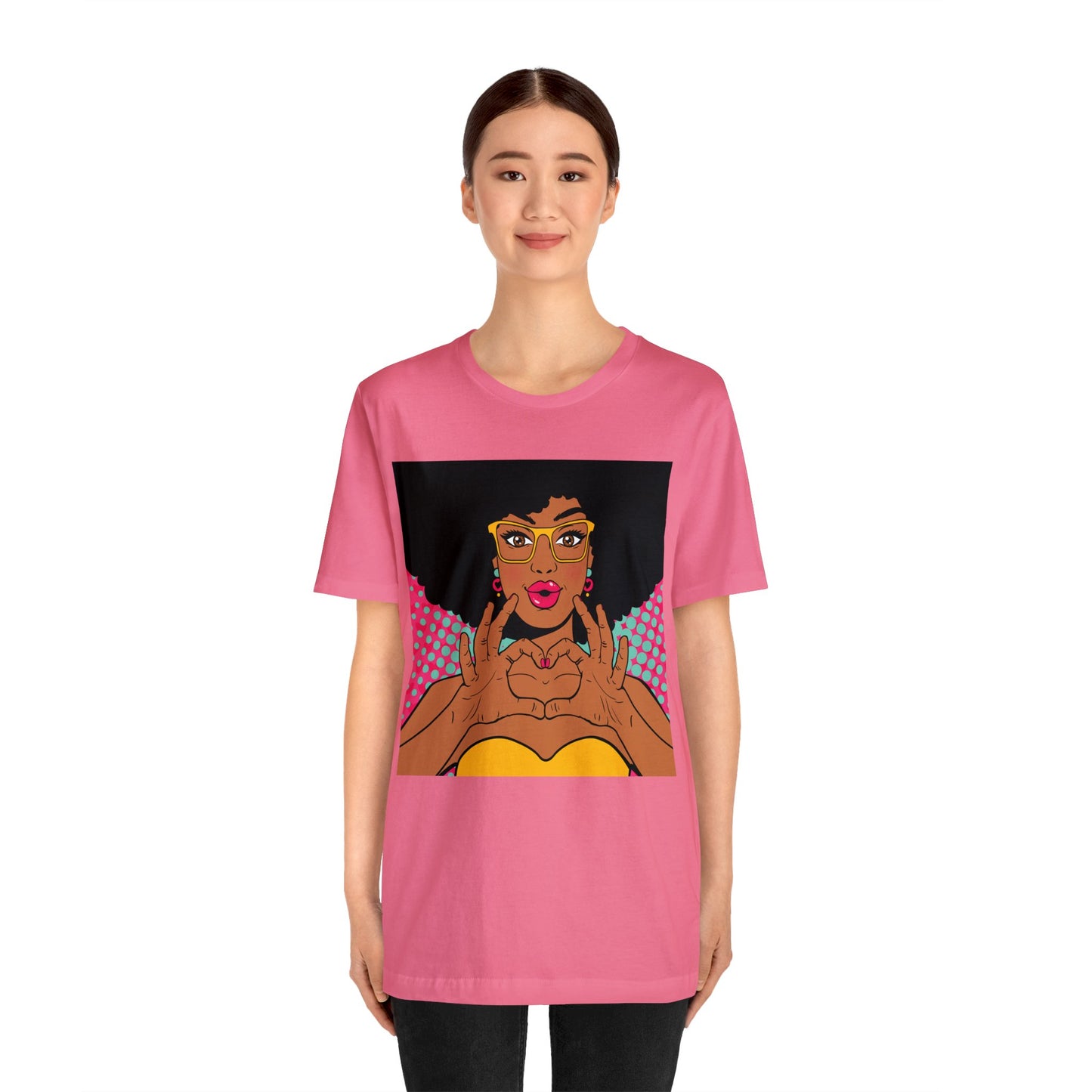 Pop Art Melanated Queen Finger Hearts Short Sleeve T-Shirt - Empowering Graphic Tee, Diverse Art Fashion