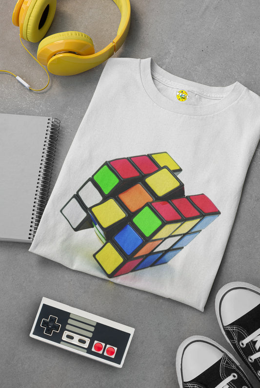 Retro Rubik's Cube Short Sleeve T-Shirt White Background - 80s Puzzle Lover Tee, Nostalgic Graphic Shirt