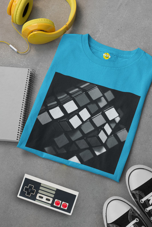 Black & White Retro Rubik's Cube Short Sleeve T-Shirt - Classic 80s Puzzle Lover Tee, Monochrome Graphic Shirt